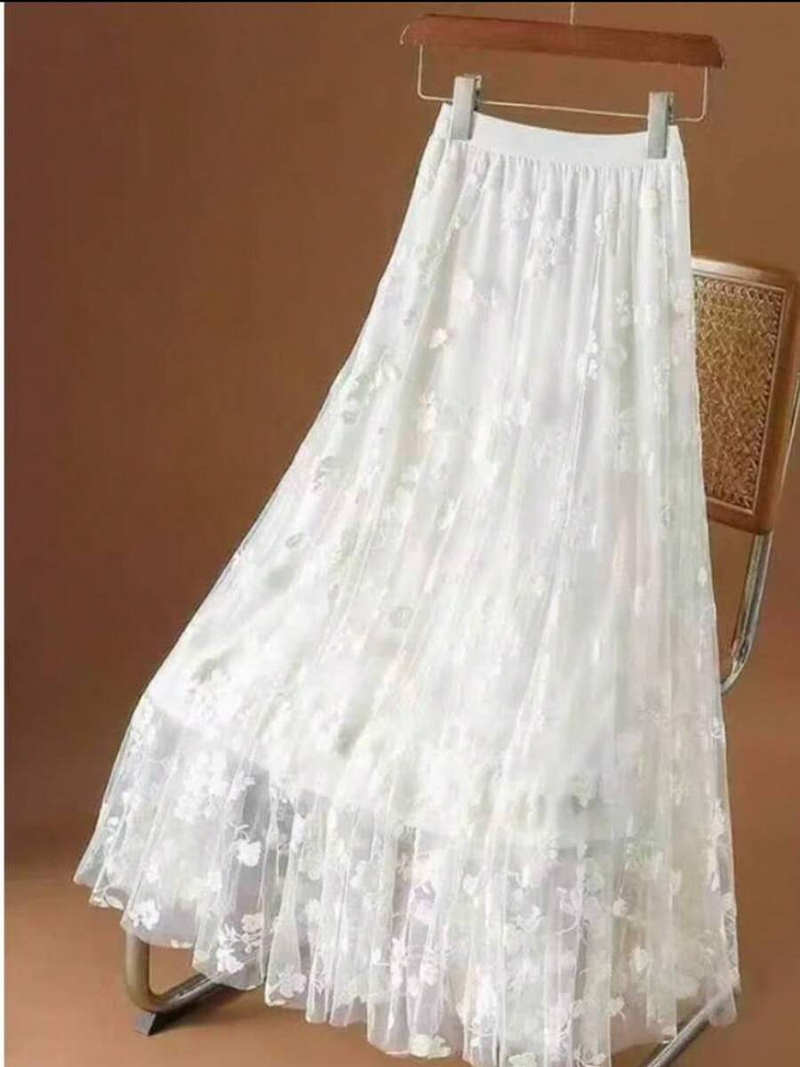 Elegant Floral Women's Long Tulle Skirt - Màu be - Xem 1