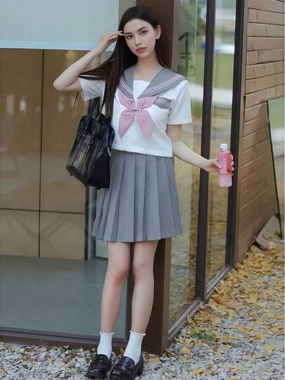 1pc Traditional Japanese JK Sailor Uniform Set, White Blouse & Grey Pleated Skirt, 3 PiecesImproved School Style, Suitable For Cosplay, Anime, Manga Characters, 2D Events And Photoshoots