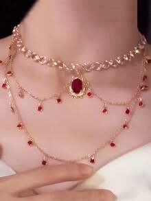 1pc Vintage Fashion Crystal Butterfly Tassel Layered Necklace For Women - Red - View 2