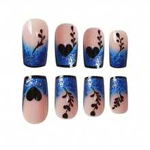 Sweet And Cool High-End Design Floral Heart-Shaped Gradient Blue Edge Decoration - Blue And Nude Splicing Oval Short False Nails - 甜美清涼的指尖 - 查看 2