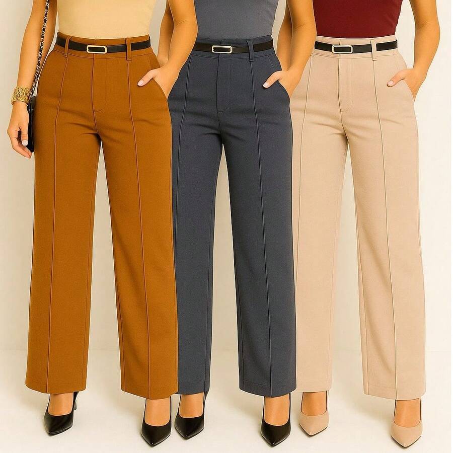 Kit 3 Women's Tailored Trousers With Belt - Caramel/Gray/Beige - View 1