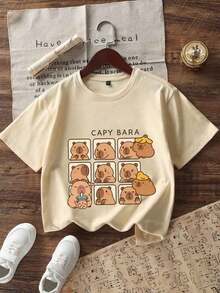 Tween Girl Capybara Print Round Neck T-Shirt, Summer Top