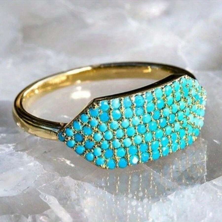 Cincin Tembaga Lebar Gaya Vintage dengan Inlay Turquoise Sintetis, Cincin Wanita Gaya Bohemian, Sempurna untuk Pemakaian Sehari-hari - Baby Blue - View 1