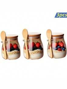 كوب زجاجي 355 مل، طقم أكواب الشوفان الليلي 1/2/3/4 قطع، وعاء السلطة، برطمانات الشوفان، أكواب الشوفان، حاويات تحضير الوجبات مع أغطية وملاعق، برطمانات زجاجية للبذور والحلويات والزبادي - متعدد الألوان - مشاهدة 8