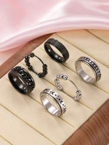 6 件优雅时尚的法式不锈钢星星和月亮戒指，哑光/单链戒指，可旋转串珠戒指，可缓解压力，适合男女日常佩戴，生日/节日礼物 - 彩色 - 查看 2