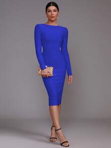 Sexy Women's Long Sleeve Back Zipper Bodycon Midi Dress For Vacation And Party - Biru - View 2