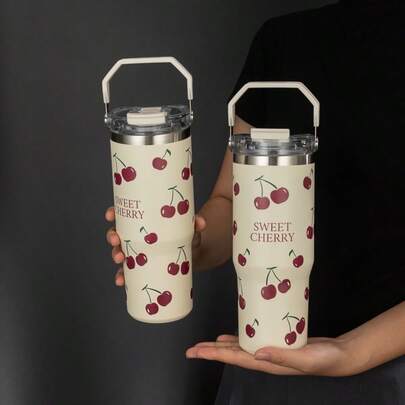 1 bình giữ nhiệt chân không 900ml/33,44oz hình chữ cái và quả anh đào, dung tích lớn, có quai xách và ống hút, thích hợp cho thể thao, hoạt động ngoài trời, tập thể dục, du lịch