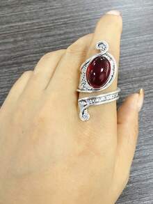 1 件复古时尚不对称合金水钻可调节开口戒指，多色 - 復古銀色 - 查看 11