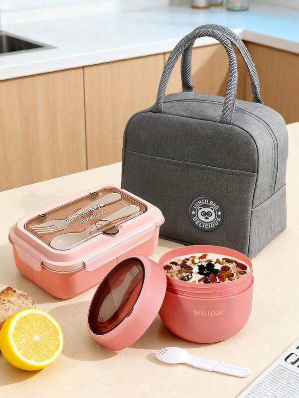 1 حقيبة غداء محمولة، صندوق، كوب شوفان مع حقيبة يد من البولي بروبيلين، حقيبة تسوق قابلة للطي من رقائق الألومنيوم، حقيبة للعودة إلى المدرسة، محمولة، مناسبة للسفر والعمل والمدرسة