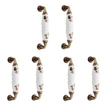 4/6pcs Rustic Ceramic Cabinet Handle With Green And Brown Floral Pattern-Antique Bronze Finish, Country Style Cabinet Door And Drawer Furniture Knob