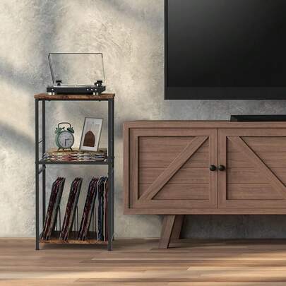 Soporte para tocadiscos con almacenamiento de discos de vinilo, estante de 3 niveles para tocadiscos vintage, mesa de tocadiscos de madera para sala de estar u oficina