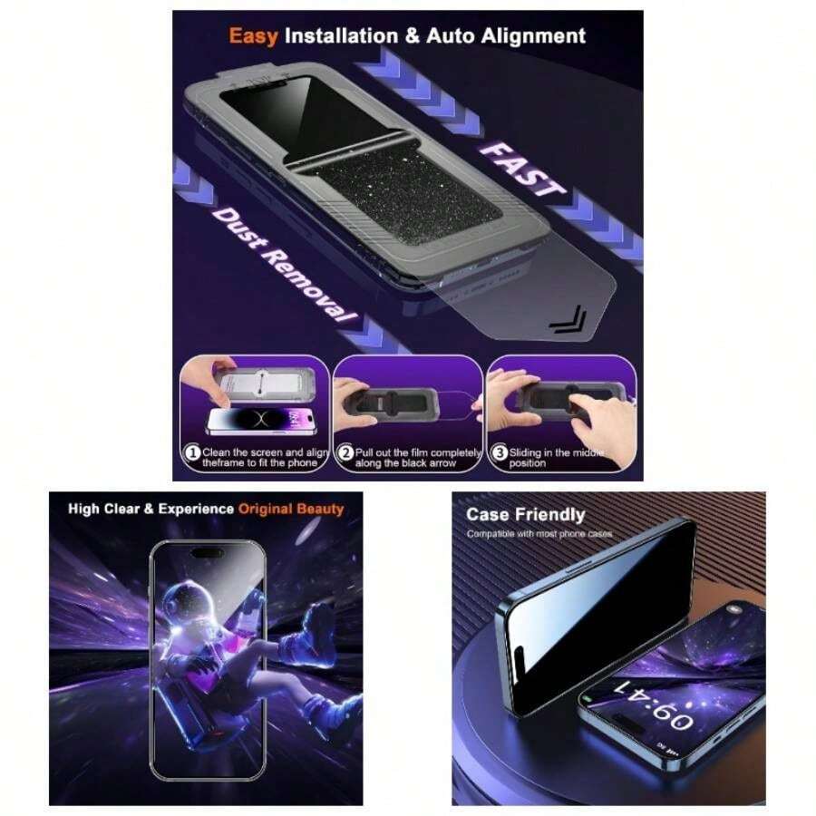 2 Pack 15 Pro Screen Protector, Auto Alignment Kit Full Screen Tempered Glass, 10X Grade Compatible 15 Pro 6.1 Case Friendly, Zero Bubbles - iPhone 13Promax/14Plus 6.7'' + Trong suốt B - Xem 1