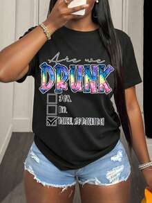 Women's Black T-Shirt With Are We Drunk Tie-Dye Print And Checkboxes - Fun Party Outfit For Bachelorette, Night Out, Or Cocktail Events - Black - View 1