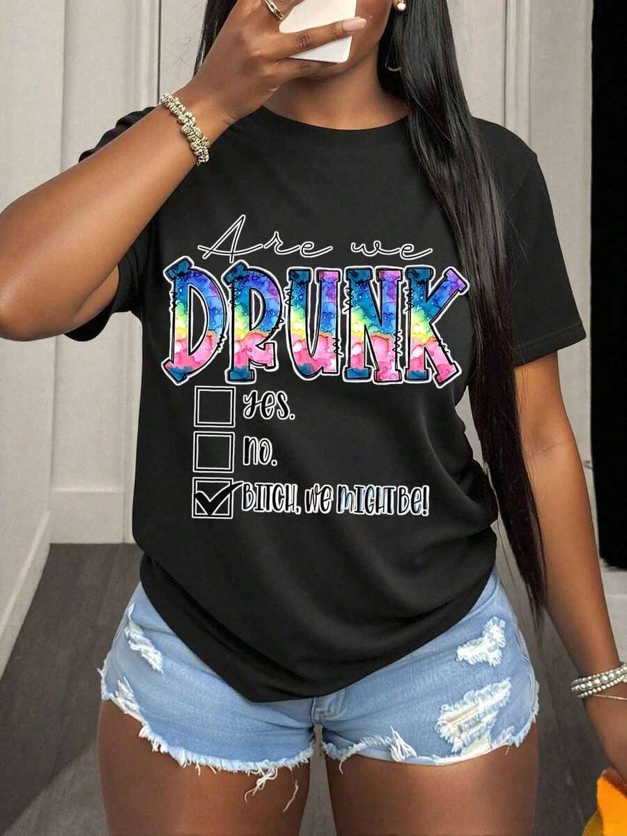 Women's Black T-Shirt With Are We Drunk Tie-Dye Print And Checkboxes - Fun Party Outfit For Bachelorette, Night Out, Or Cocktail Events - Black - View 1