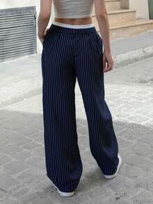 女士休闲优雅通勤直筒条纹拼接白色饰边简约高腰阔腿裤，适合日常外出、办公室通勤、约会、节日、轻松社交场合