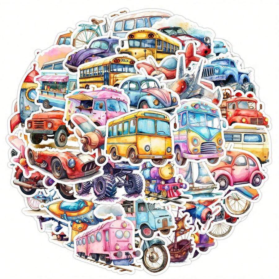 50 piezas Paquete de pegatinas de camión de dibujos animados de acuarela, pegatinas decorativas para embalaje, bolsos, botellas de agua, portátiles, patinetas, equipaje - Multicolor - Ver 1