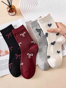 4 đôi tất dài đến bắp chân có nơ trang trí, tất thu/đông mới, tất cổ cao có nơ, tất cao đến đầu gối có gân mềm mại với phong cách học đường ngọt ngào - Nhiều màu - Xem 4