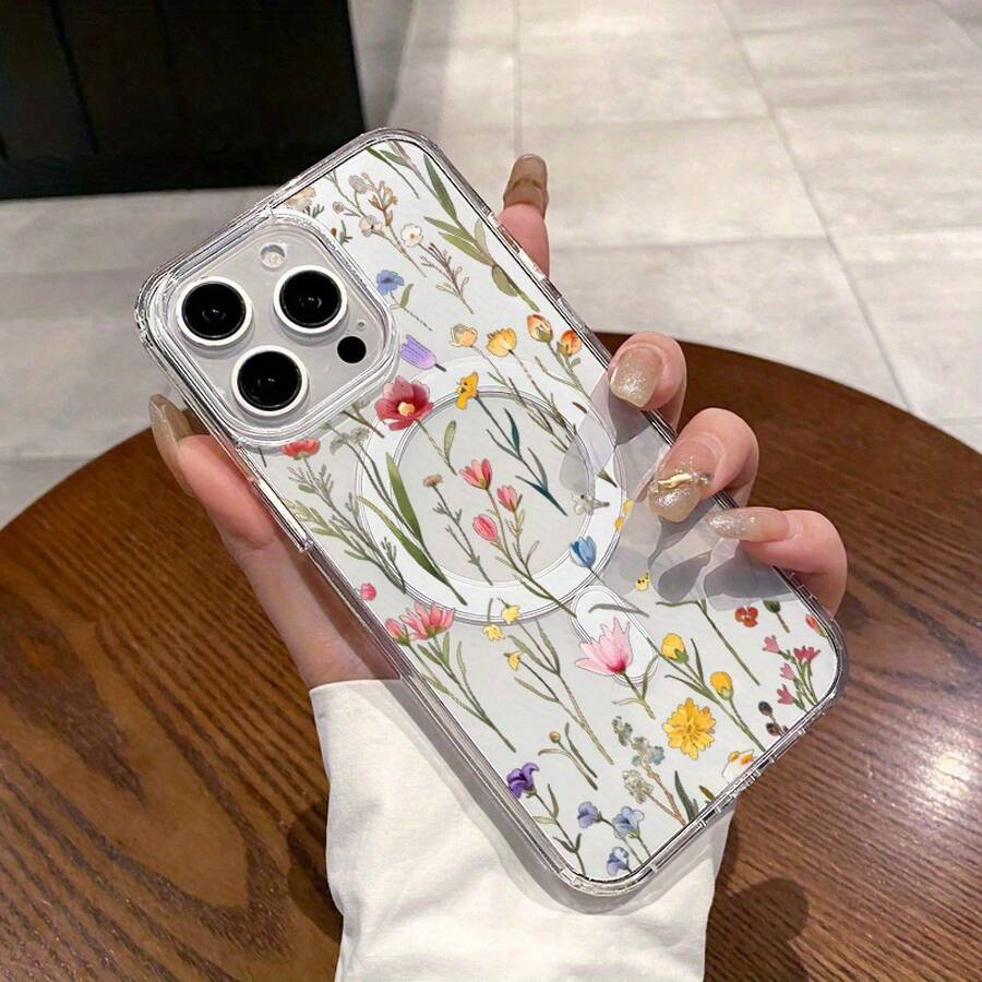 Funda magnética para phone 11/12/13/14/15/16 Pro Max con diseño de ramo vintage. Resistente, compatible, de silicona, antigolpes, elegante, duradera y fácil de usar. Uso - transparente - Ver 1