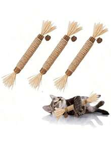 3Pcs Cat Wooden Teeth Grinding Sticks - Natural Chew Toy For Kittens & Cats - Teeth Cleaning Pet Supplies - 棕色 - 查看 2