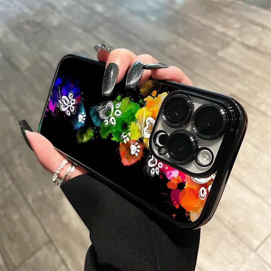 Teléfono con lente integral magnética y baño de oro con estampado de huellas de patas de colores. Compatible con carga inalámbrica magnética y compatible con phone 16 Pro Max, 16, 15 Pro, 14, 14 Plus/14 Pro Max, 13, 13 Pro, 12 Pro, 11/11 Pro y la serie Pro. Es un excelente teléfono para amigos, cumpleaños y festividades. - Negro - Ver 1