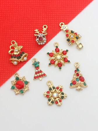 8pcs Christmas Hollow Snowflake Rhinestone Deer Bell Christmas Tree DIY Accessories Earrings Small Decorations Suitable For Daily Wear