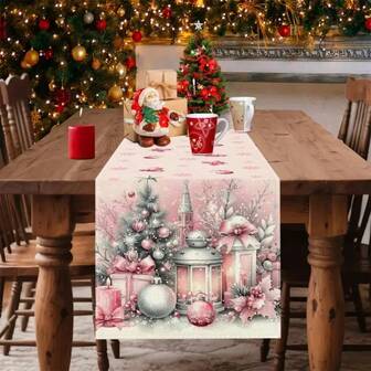1 Set Of Linen Christmas Themed Tablecloth, Equipped With Christmas Balls, Candles, Bells, Snowflakes, And Floral Decorations. Durable Polyester Rectangular Tablecloth, Suitable For Rural Holiday Decoration, Elegant Pink With A Main Color And Various Sizes To Choose From.
