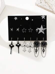 6 Pairs Gothic Demon Eye, Star, Skull, Cross, Heart Tassel Earrings Set, Versatile Design For Party, Halloween