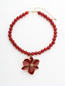Dây chuyền mặt hoa đính hạt màu đỏ ZAA phóng đại, Dây chuyền hoa ngọc trai đỏ mới, Vòng cổ thời trang thanh lịch phóng đại màu đỏ, Trang sức nữ - Nhiều màu - Xem 2