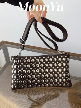 Women's Envelope Bag, Fashion Shoulder Bag, Rivet Inlaid Punk Style, Large Capacity, Coffee Color