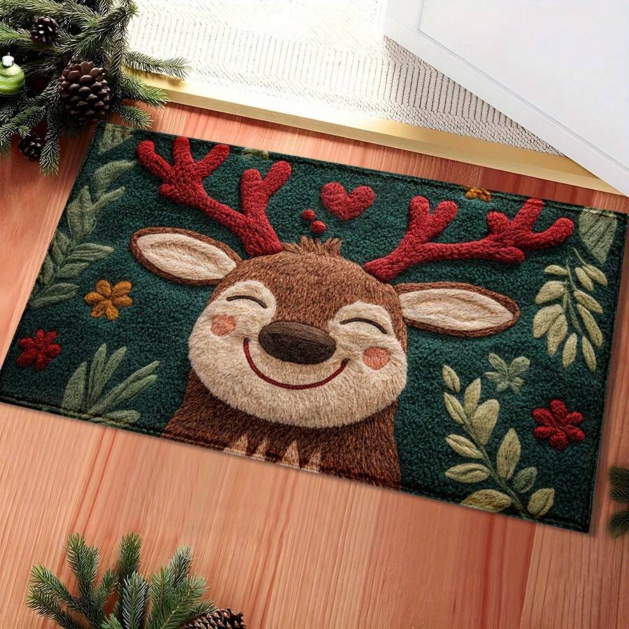 1 Piece Christmas Reindeer Imitation Cashmere Soft And Comfortable Floor Mat - Quick-Drying And Water-Absorbent, Suitable For Door Decoration, Kitchen & Bathroom Decoration, Best Christmas Choice, Machine Washable, Doormat, Kitchen Mat, Holiday Theme, Seasonal Decoration, Quick-Drying Fabric, Water-Absorbent Material, Home Carpet, Holiday Decoration, Christmas Gift - 60cm X 90cm / 23.62 Inches X 35.43 Inches - View 1