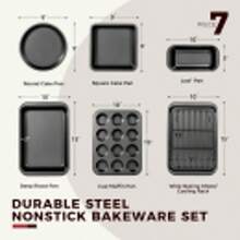 LOLLICY Baking Pans Sets, Nonstick Bakeware Sets 6-Piece With Round/Square Cake Pan, Loaf Pan, Muffin Pan, Cookie Sheet, Roast Pan, Cooling Rack, Carbon Steel Bake Set - 黑色 - 查看 2