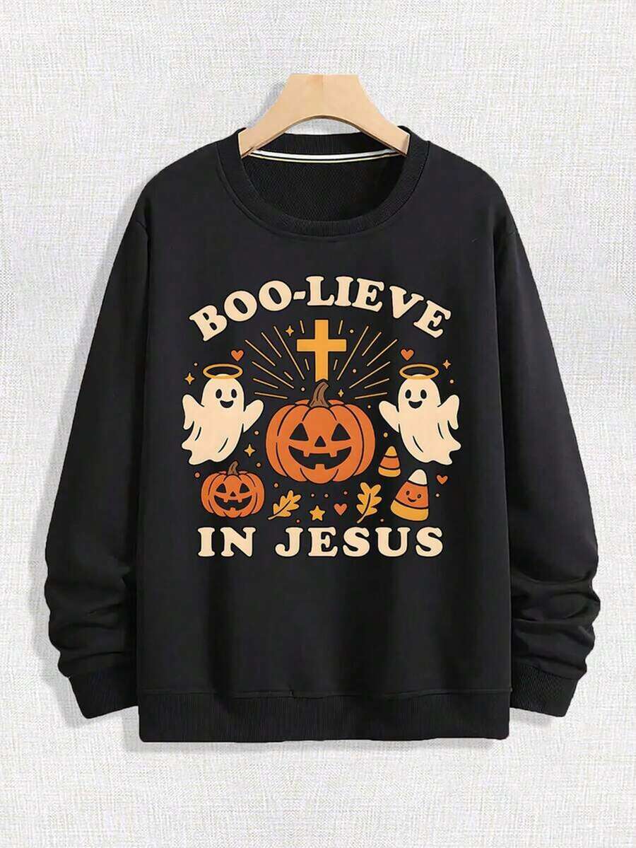Men's Street Loose Round Neck Hoodie, Wearing Halo Ghost, Pumpkin With Cross Pattern, Printed With "BOO - LIEVE IN JESUS" Text, Halloween Gift, Halloween Outfit, Spring And Autumn Soft Casual Long Sleeved Pullover, Machine Washable Outdoor Sports Top,Fall Hoodies,Men's Fall Clothes,Street Wear,Halloween,Mens Hoodies,Y2k Clothes,Jesus Hoodie,Thanksgiving Day,Nightmare Before Christmas,Christmas - Black - View 1