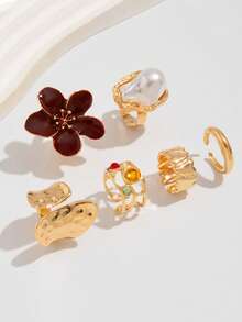 6 Stücke/Set Flüssige Lava Blumen Offener Ring Set, Barock Kunstperle Eingelegt (Für den täglichen Gebrauch von Frauen)