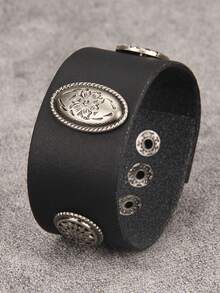 1pc Oval Embossed Floral Men's Leather Bracelet, Vintage Style Minimalist Versatile Accessory, Men's Wristband Christmas Gift, Suitable For Holiday Wear