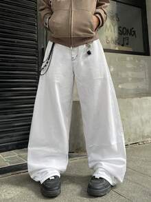 Infinite Jeans 1件裝 男士街頭極簡印花寬鬆寬腿牛仔長褲，舒適百搭休閒四季款（產品不含腰帶與配件） - 白色 - 查看 4