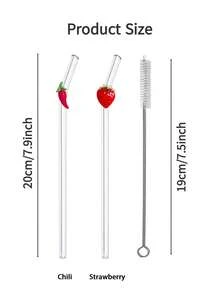 1/2/4Pcs Reusable Glass Straws With Red Strawberry/Chili Charms, Cute Bent And Clear Glass Drinking Straw With Cleaning Brush, For Kitchen Accessories, Water Cup,Cold Drinks, Milk Tea, Coffee, Juice, Smoothies, Kitchens, Restaurants, Cocktail Parties, Back-To-School, Gifts For Girlfriends/Boyfriends, Parents, Friends, Holiday Supplies.New Year, Valentine's Day. - Style 1 - View 4