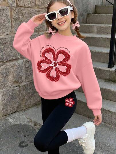 2pcs Girls' Sweet Floral Print Pink Sweatshirt + Embroidered Black Pants Set, Soft And Skin - Friendly, Perfect For School Daily In Spring And Autumn
