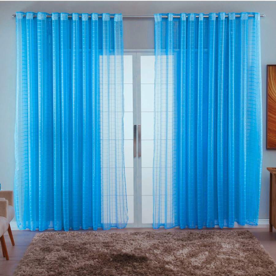 Charm Checkered Voile Living Room Curtain Decoration 4.00x2.80 - 淺藍色 - 查看 1