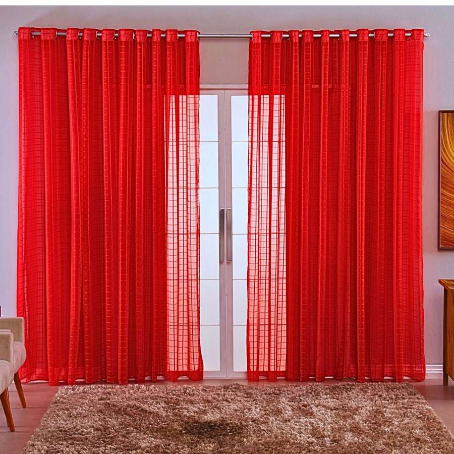 Charm Checkered Voile Living Room Curtain Decoration 4.00x2.80 - 紅色 - 查看 1
