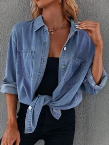 Women's Casual Button Down Denim Shirt Long Sleeve Boyfriend Oversized Jean Jacket With Pockets - 淺藍色 - 查看 2