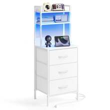 Tomnk Tall Nightstand With Charging Station, 41 Inch Led Night Stand With U-S-B Port & Socket, 3 PU Finished Fabric Storage Drawers, Office, Bed Side Table & Bookshelf In One, White/Rustic Brown - 美規B型插(110-127V) - 查看 8