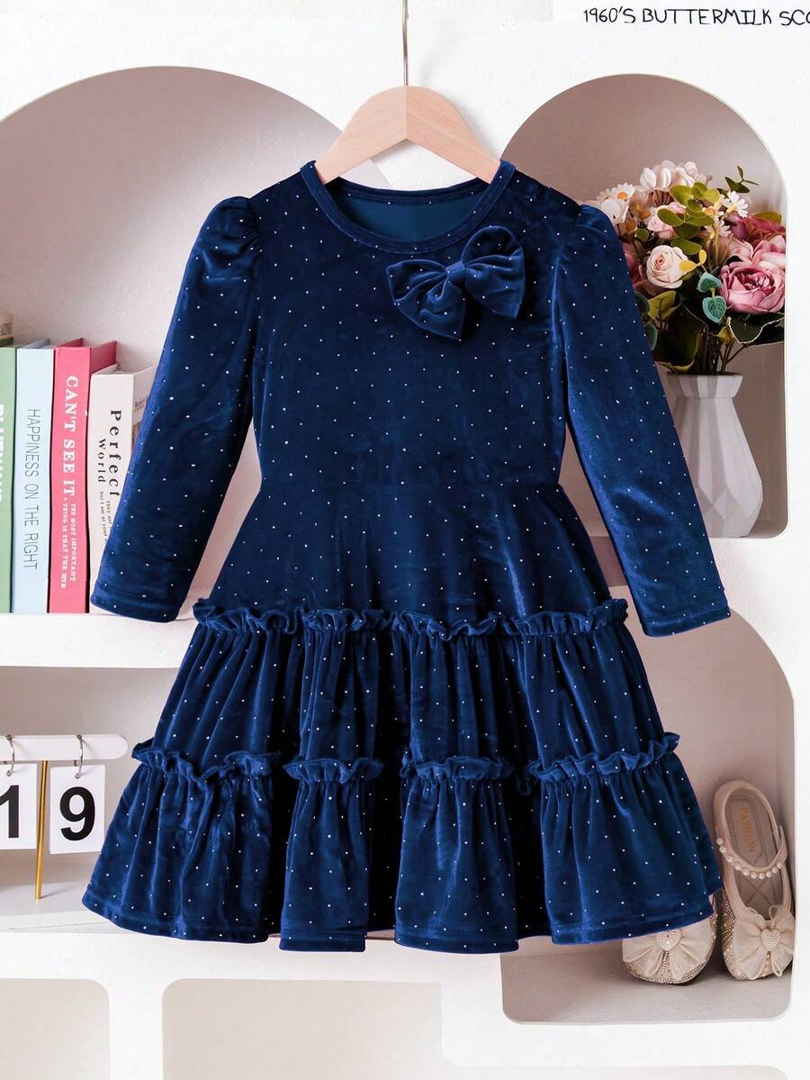 Váy nhung trang trí nơ cổ điển cho bé gái, vải nhung bóng, điểm nhấn nơ 3D, eo bó & chân váy xòe cho vẻ ngoài thanh lịch, thích hợp cho tiệc Giáng sinh, dạ tiệc năm mới, biểu diễn ngày lễ, mùa thu/đông - Màu xanh lam - Xem 1