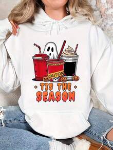 Tis The Season Horror Movie Characters Halloween Cozy Classic Print Pullover Hoodie, Casual Long Sleeve Hoodie For Sprots,Fall Hoodies,Men's Fall Clothes,Street Wear,Halloween,Mens Hoodies,Y2k Clothes,Jesus Hoodie,Thanksgiving Day,Nightmare Before Christmas,Christmas - 白色 - 查看 1