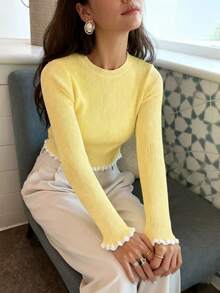 Áo len dệt kim dài tay màu vàng bơ thanh lịch cho nữ ngày lễ tốt nghiệp thường ngày, áo len chui đầu xếp nếp - Màu vàng - Xem 6