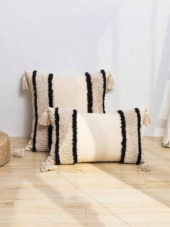 1pc Black & White Striped Pillow Cover, Canvas Plush Embroidered Tasseled Bohemian Nordic Bedroom Living Room Sofa Decorative Cushion Cover, Suitable For Holiday, Party, Outdoor Garden, Home Decor, 30*50cm, 45*45cm