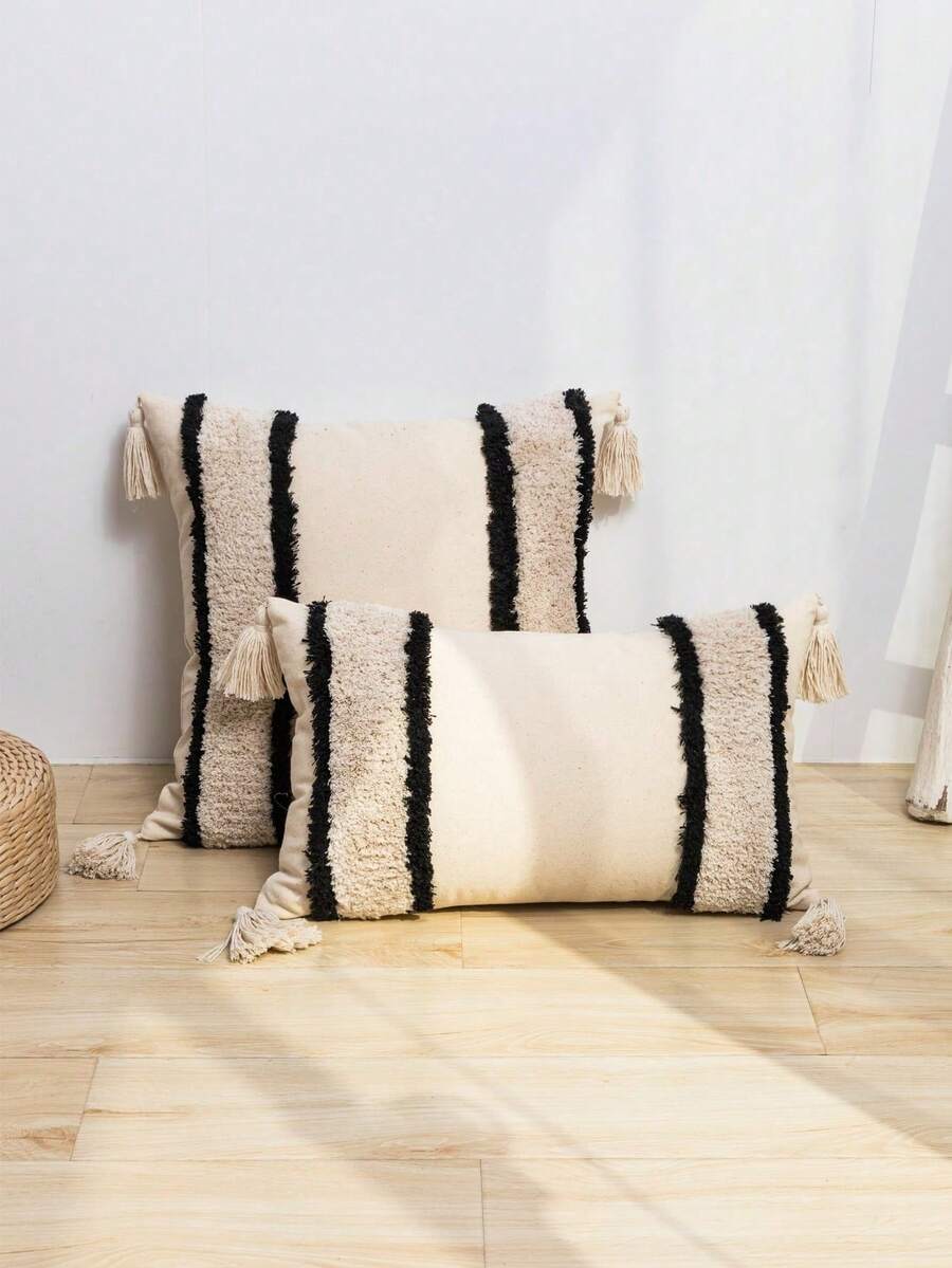 1pc Black & White Striped Pillow Cover, Canvas Plush Embroidered Tasseled Bohemian Nordic Bedroom Living Room Sofa Decorative Cushion Cover, Suitable For Holiday, Party, Outdoor Garden, Home Decor, 30*50cm, 45*45cm