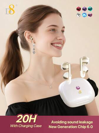 หูฟังบลูทูธแบบต่างหู D8 | ดีไซน์ พลอยเทียม แฮนด์เมดแบบมีกาว, เสียงเซอร์ราวด์รอบทิศทาง Hi-Fi | แบตเตอรี่ใช้งานได้นาน 5 ชม. ต่อครั้ง/20 ชม. เมื่อใช้ร่วมกัน, ไมโครโฟนในตัวสำหรับโทรศัพท์ที่คมชัด | ป้องกันการรั่วไหลของเสียง, หูฟังไร้สายน้ำหนักเบาและกระชับ