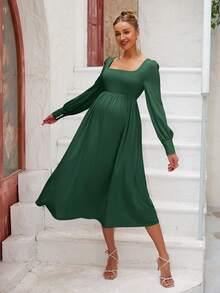Joyfunear Maternity Fashion Square Neck Long Sleeve Waist Cinched A-Line Dress