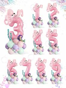 43 件美人鱼海洋气球套装，包含迷你美人鱼、贝壳、粉色数字铝箔气球、马卡龙粉色紫色绿色透明气球和眼睛气球，适用于海洋主题、美人鱼主题、海洋生日派对、生日派对装饰、美人鱼派对用品、活动道具 - 彩色 - 查看 3