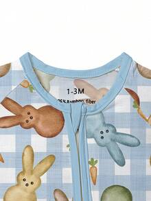 Baby Bamboo Fiber Zip-Up,  Easter Blue Bunny Print Romper, All-Season Knit Fabric Skinny Fit With Zipper Detail, Baby Girl Winter Autumn Clothes, Perfect For Outdoor Easter Gift. - 淺藍色 - 查看 3